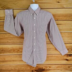 IZOD Dress Shirt Button Down Collar Mens Size L‎ Brown White Stripes 100% Cotton